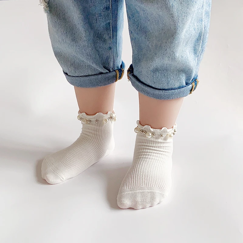 Kids Socks Spring Summer Cotton Girls Socks Ruffle Cute Pearl Children Socks White Black Pink Little Girl Clothing Accessories