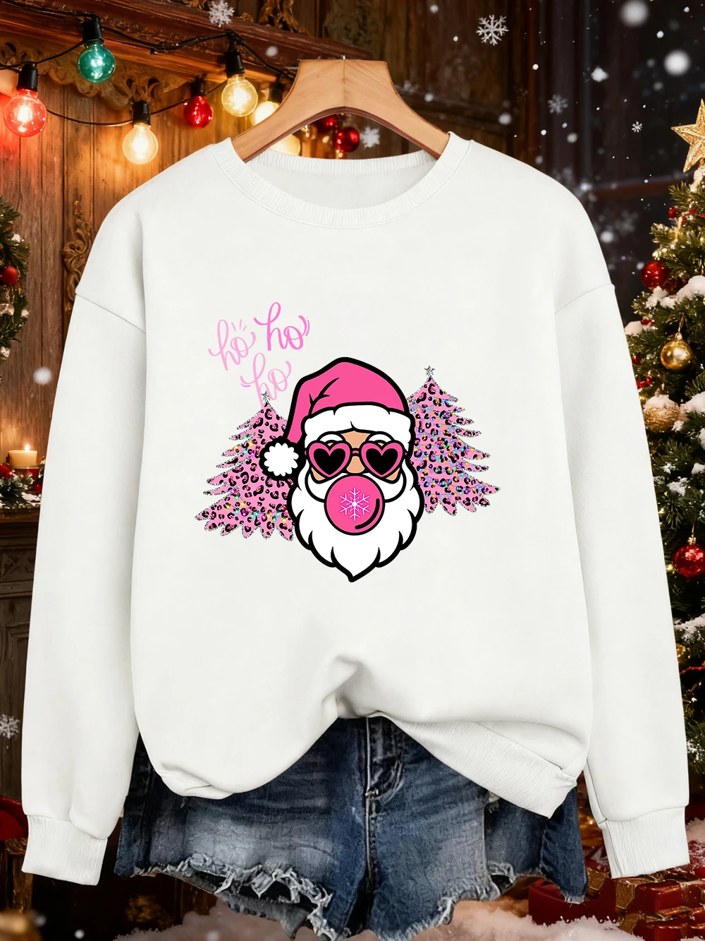 Frohe Weihnachten Baum Santa Claus Drucke Sweatshirt Frauen Lose Weiche Hoodie Fleece Warme Crewneck Kleidung Winter Casual Pullover