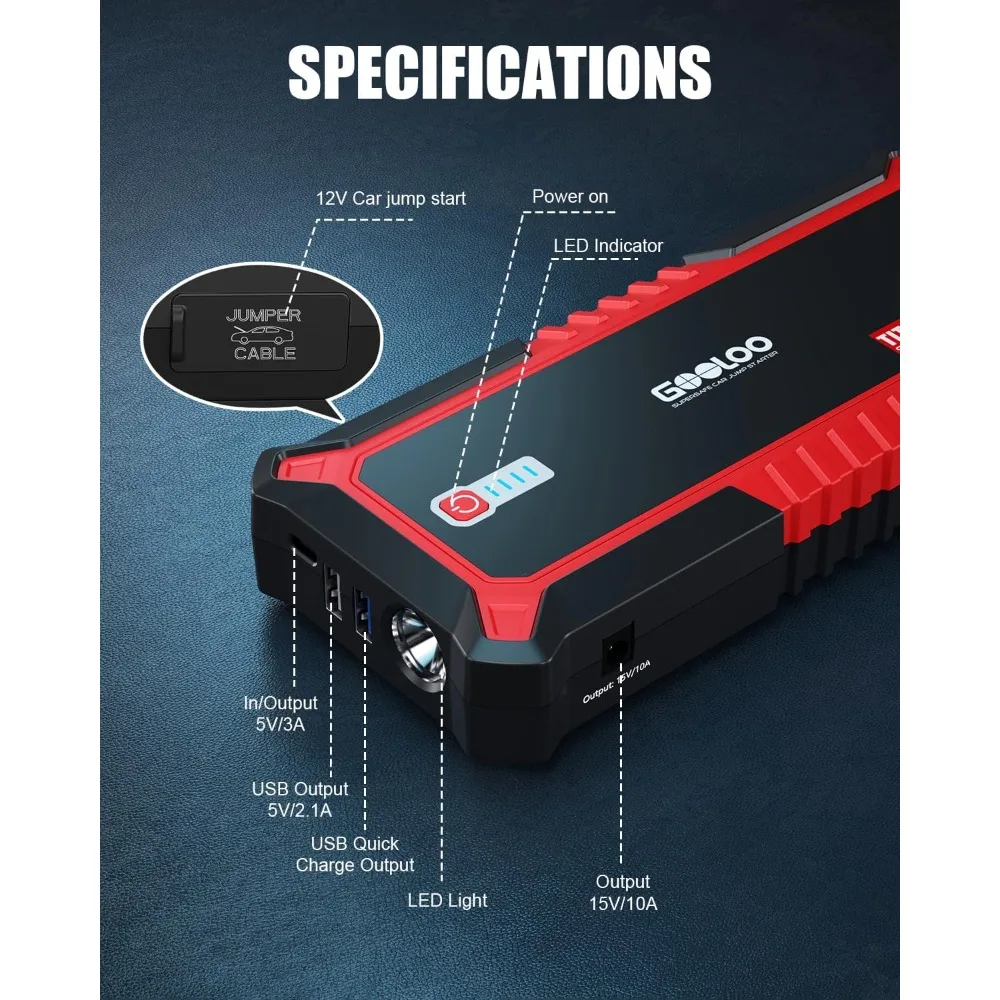 3000A Peak Jump Starter for 12V Vehicles - Up to 9L Gas/7L Diesel, Safe & Portable with USB Quick Charge view 6