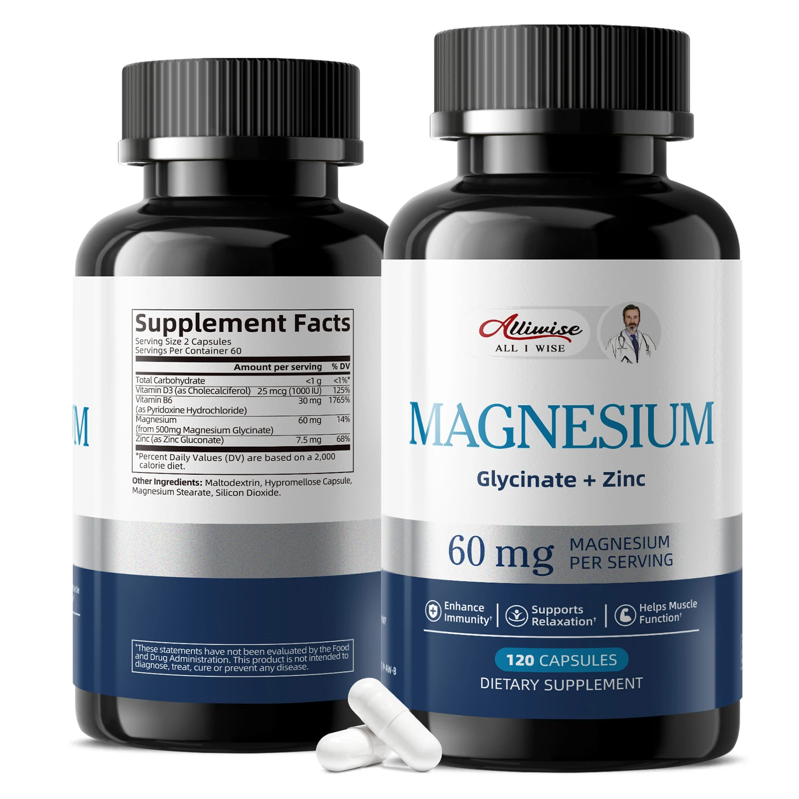 Alliwise Magnesium Glycinate & Zinc Dietary Supplement - Bone Immune Support Muscle, Nerve, Joint and Heart Health