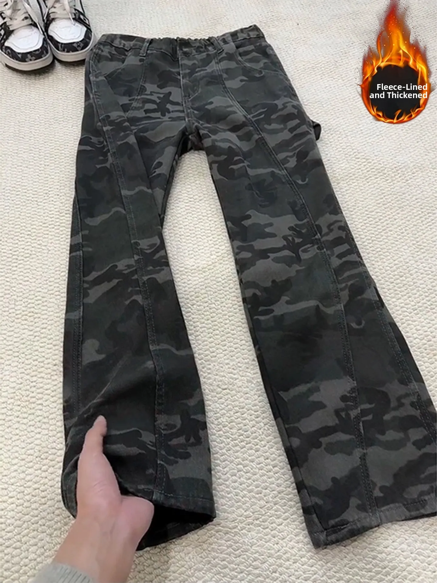 

American Sle Camouflage Fce Lined Men's Jeans Thiened Winter Workwear Pants High Street Micro Flared Legs Logging