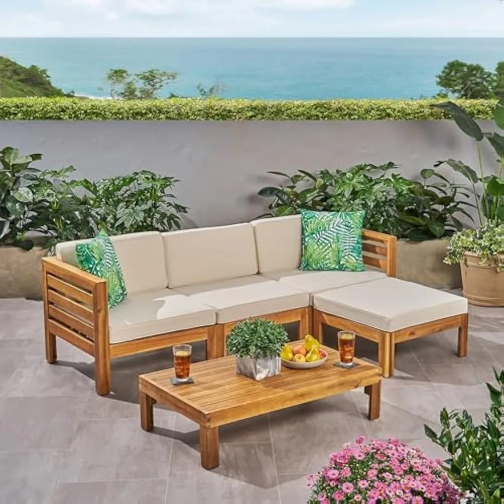 Alice Outdoor 5 Piece Acacia Wood Sofa Set, Teak Finish, Beige