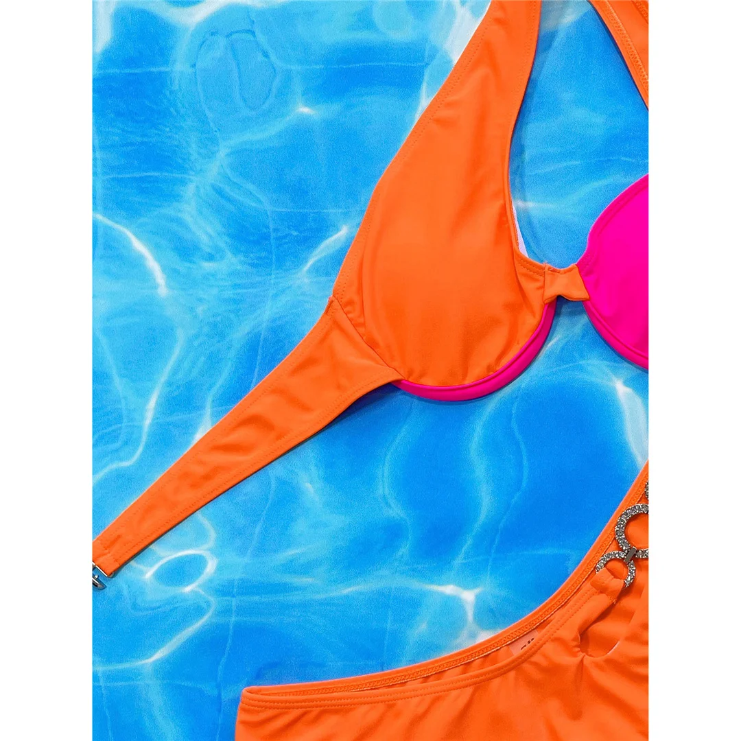 Bikini mit Strasssteinen, One-Shoulder-Schnitt, Cut-Outs, Damen-Badeanzug, zweiteiliges Bikini-Set, Badebekleidung, Badeanzug V4277 – Detail 12