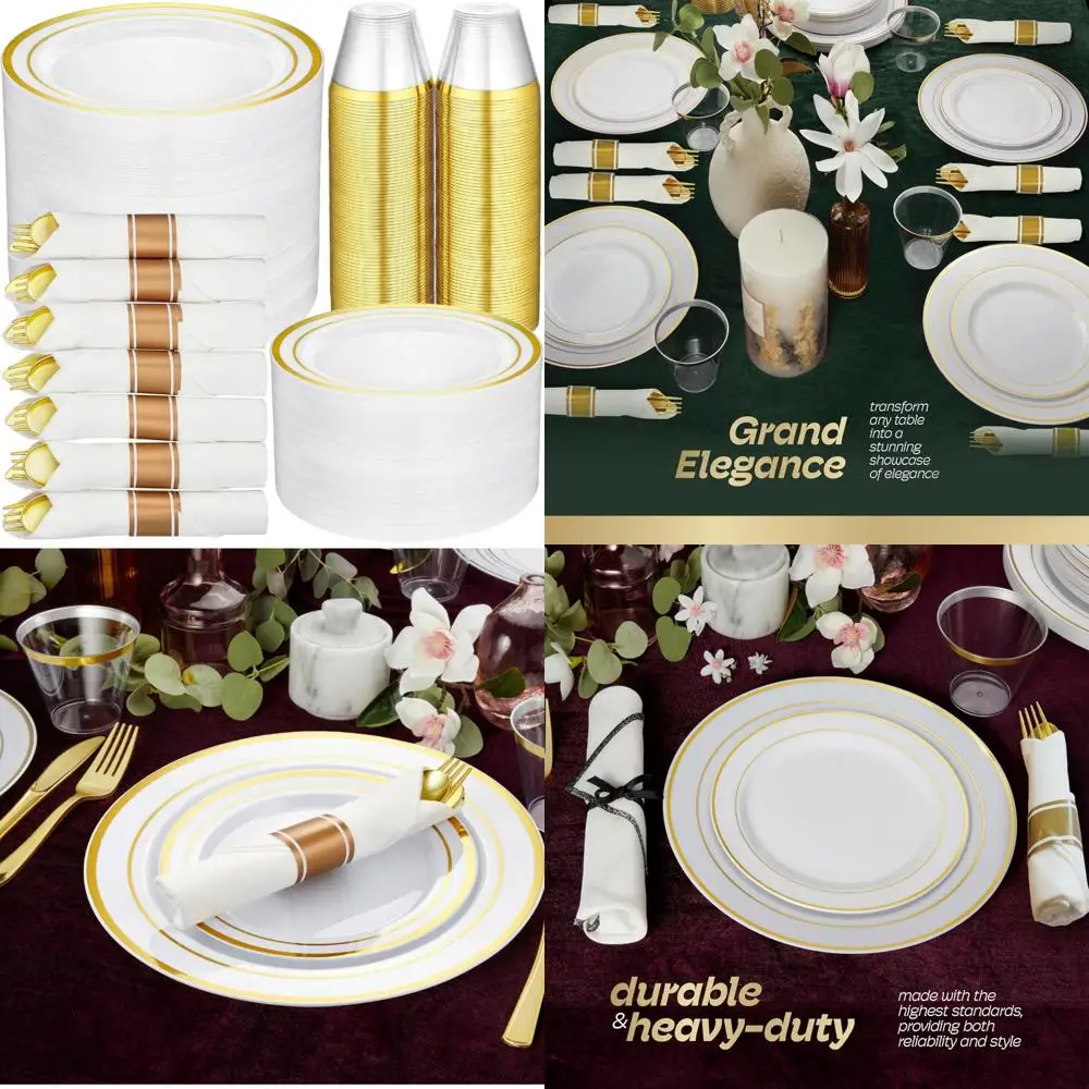 

Набор золотой пластиковой посуды для 50-гостей — тарелки премиум-класса, чашки и салфетки для торжеств
