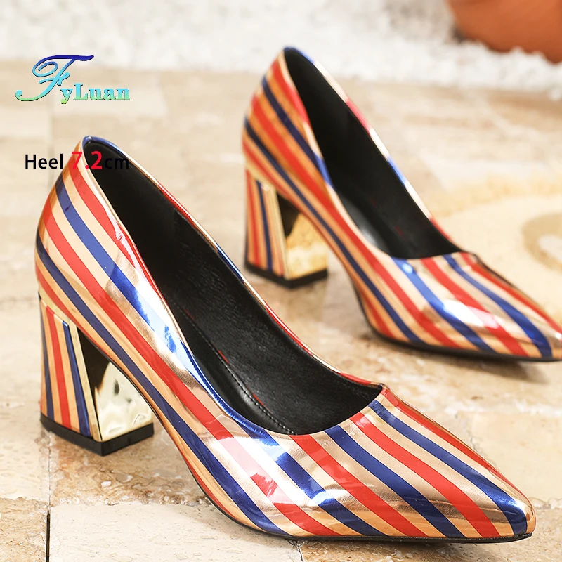 7CM Block Heel Spring Women Shoes Color Stripes Pointed Toe Single Shoes 2025 Fashion Female Outdoor High Heels Pumps Rozmiar 45 46