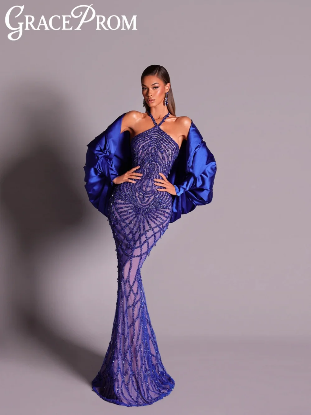 

Royal Blue Beaded Evening Dress With Cape Charming Floor-length Mermaid Wedding Party Gown New Customized Halter Prom Dresses