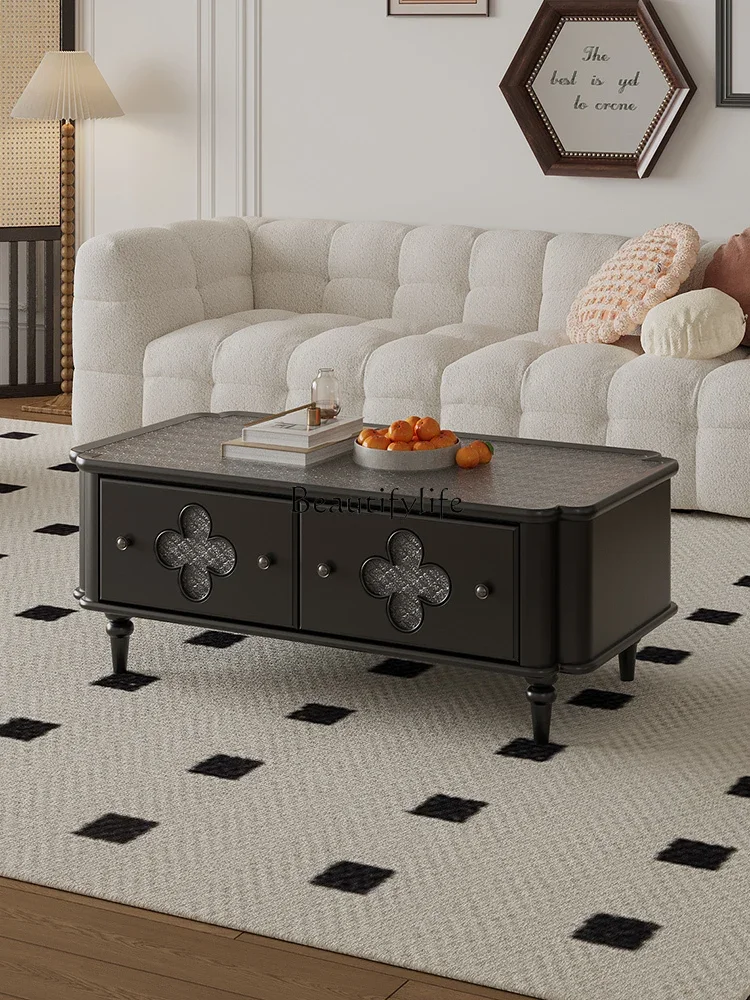 

yj9 Retro French Classic Black Solid Wood Tea Table Log Square Living Room TV Cabinet Unit