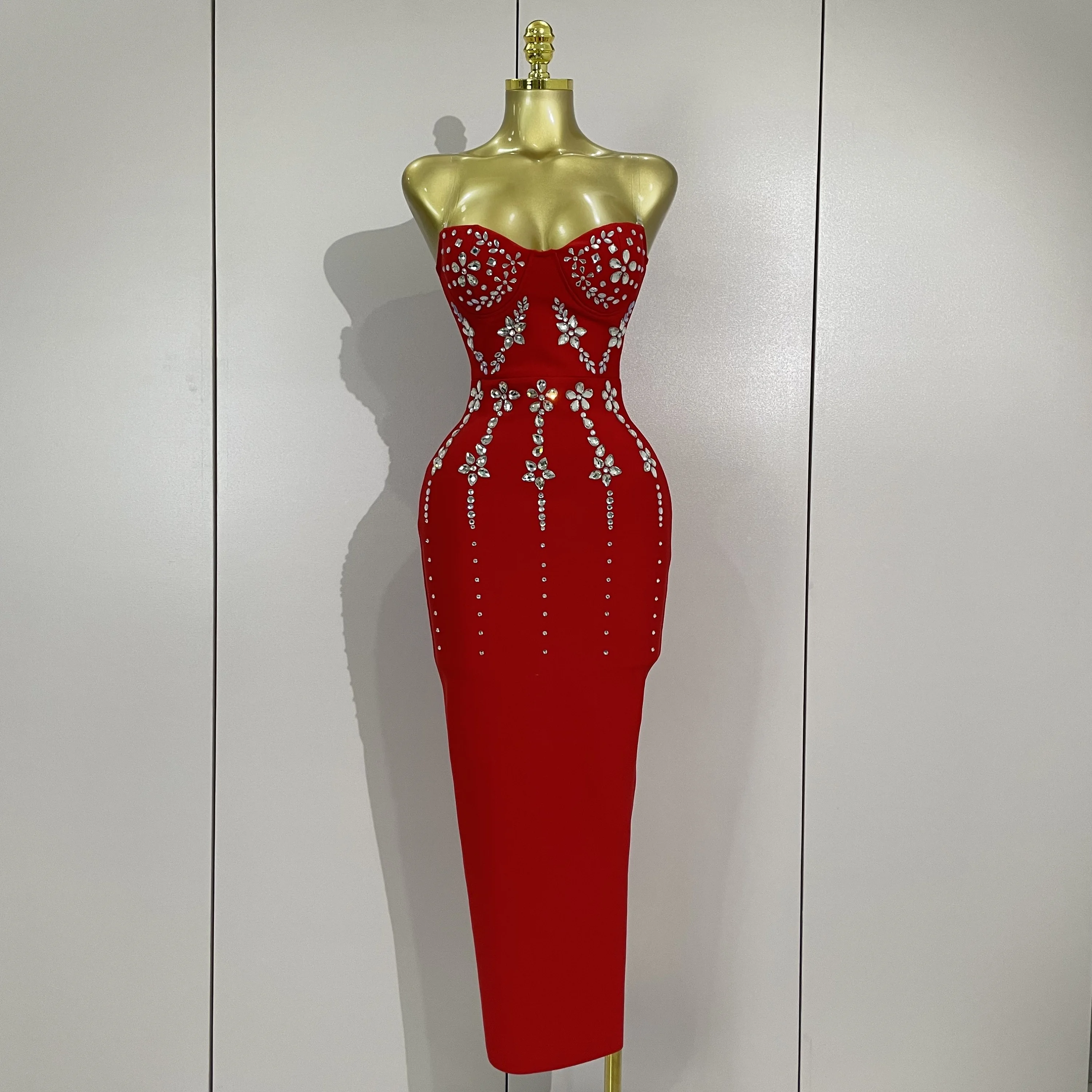 

Женское сексуальное длинное облегающее бандажное платье без бретелек с блестящими бриллиантами, 2022, элегантное вечернее клубное платье знаменитостей, роскошное платье на день рождения