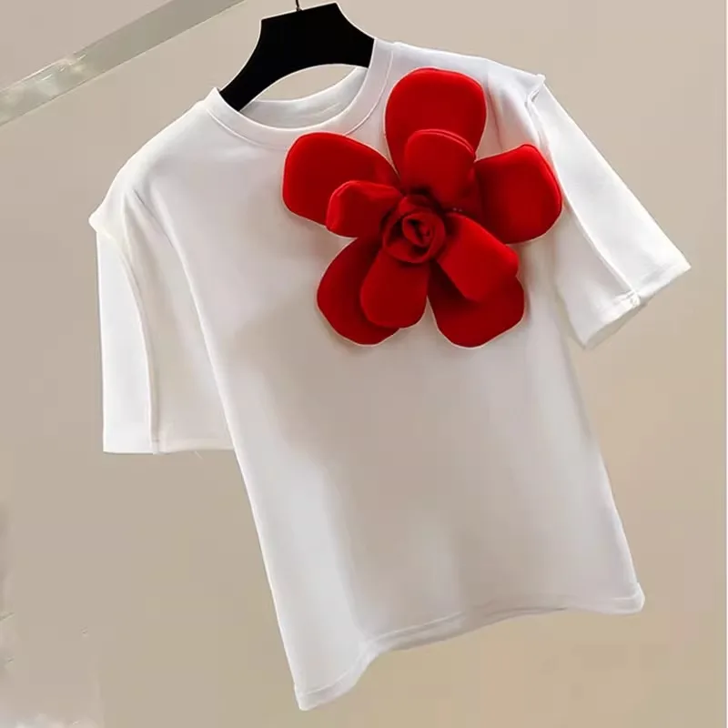 Neploe Fashion Sweet 3D Flower O-neck White T-shirts Y2k Short Sleeve Loose Tee Shirt 2024 Summer New All-match Tops Women