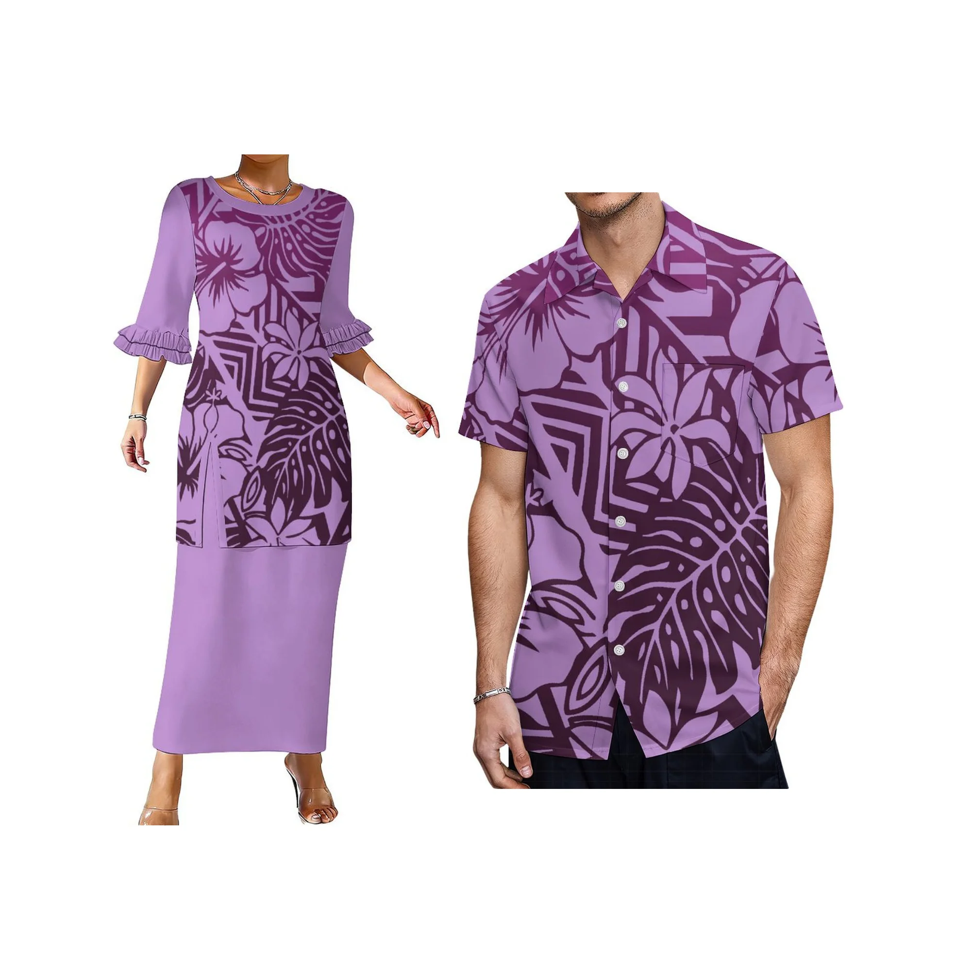 

Customized Crew Neck Double Layered Sleeve Long Polynesian Puletasi Dress Tonga Samoan Print Womens Slit Design Dress Two Pieces