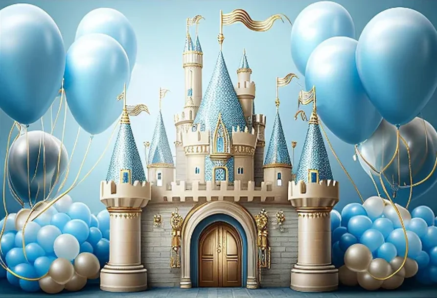 Photography Background Fairy Tale Blue Castle Flower Balloon Prince Boys Children Birthday Party Decor Photo Backdrop Studio