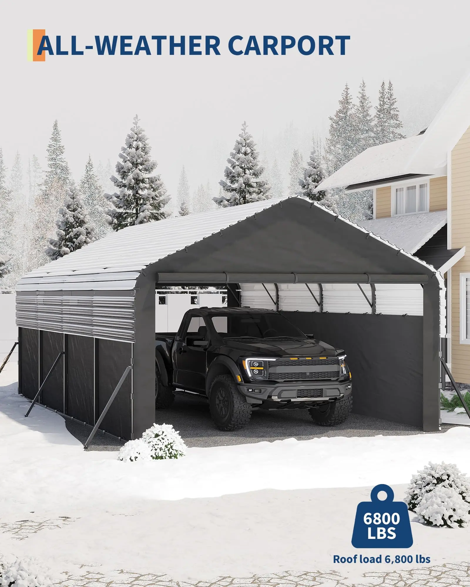 12x25 FT Heavy Duty Steel Garage Carport All Weather Enclosed Metal Shelter Outdoor Storage with Vertical Roof and Man Door for Trucks SUVs Boats Tractors Yard Property Protection
