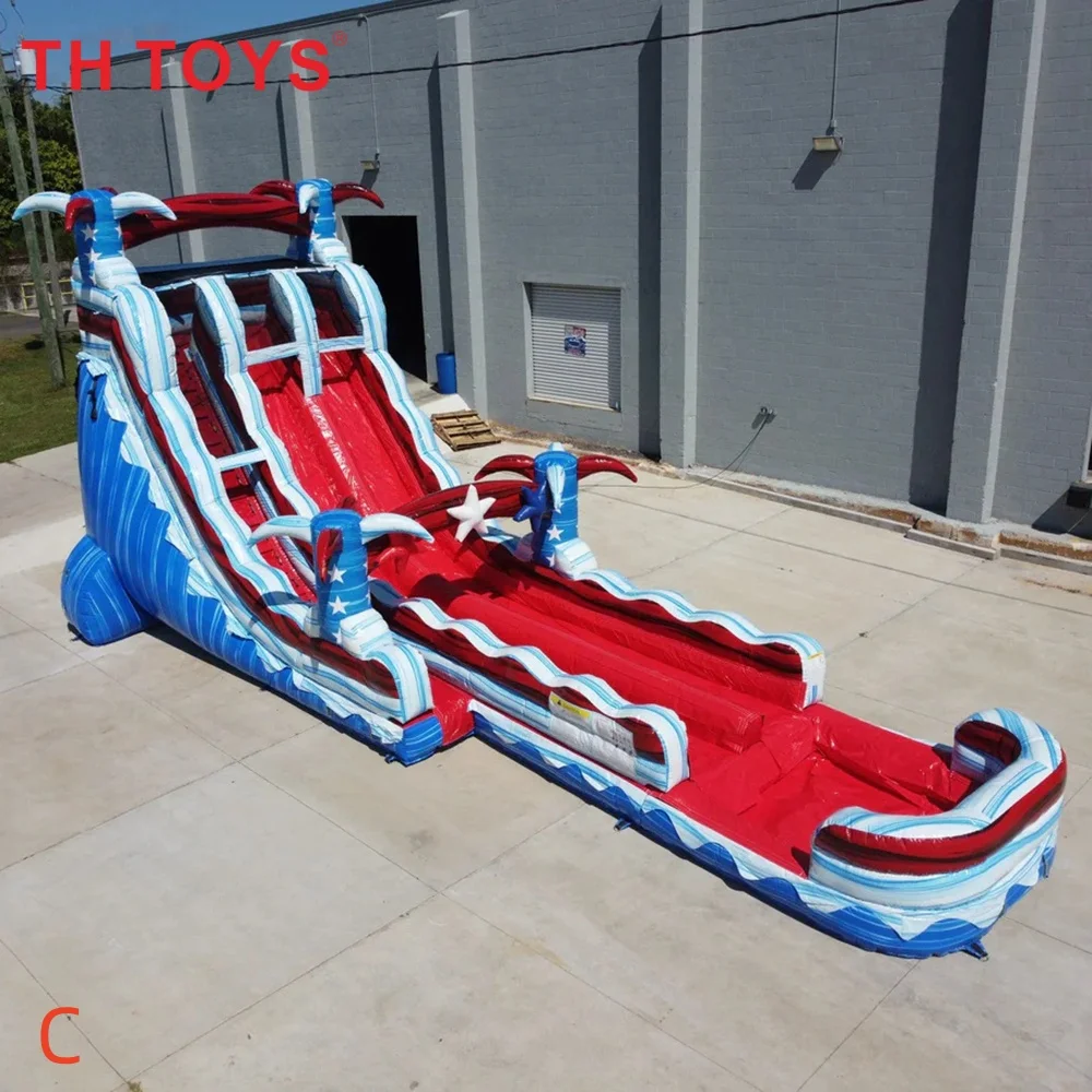 Tobogã inflável comercial gigante de dinossauro e palmeira, escorregador aquático e diversão para crianças e adultos.