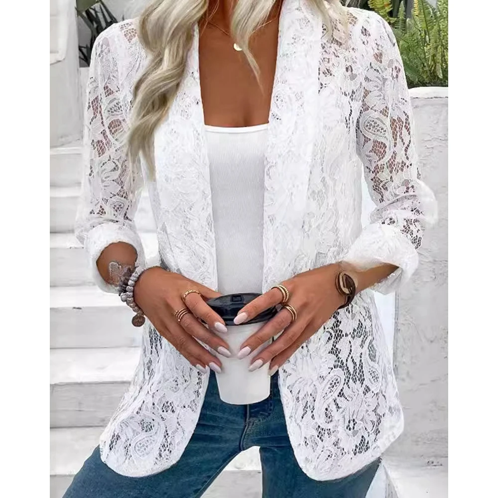 Women Open Stitch Lace White Blazer Coat Femme Long Sleeve See Through Hollow Out Elegant Jacket Autumn Cardigan Outfits