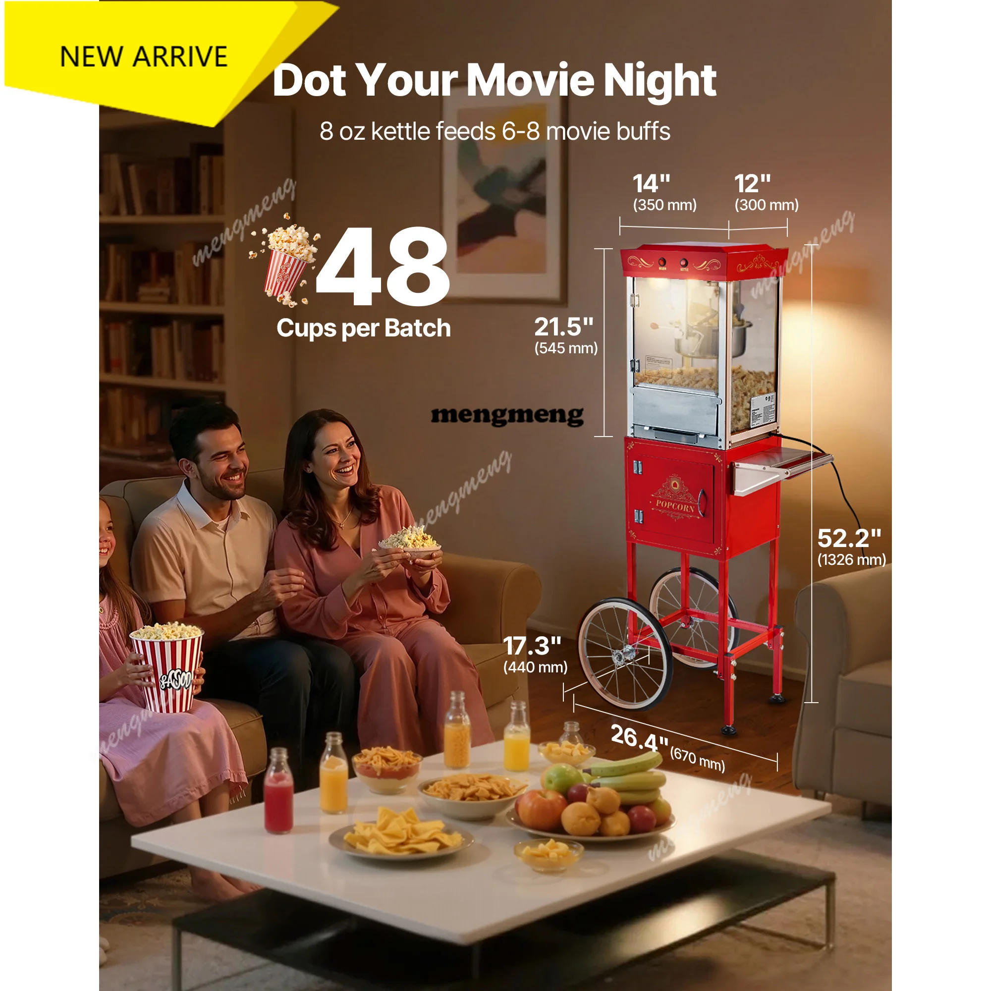 

Аппарат для приготовления попкорна с тележкой, чаша из нержавеющей стали, 2 кнопки управления, стеклянная дверца, 1 совок, 3 ложки