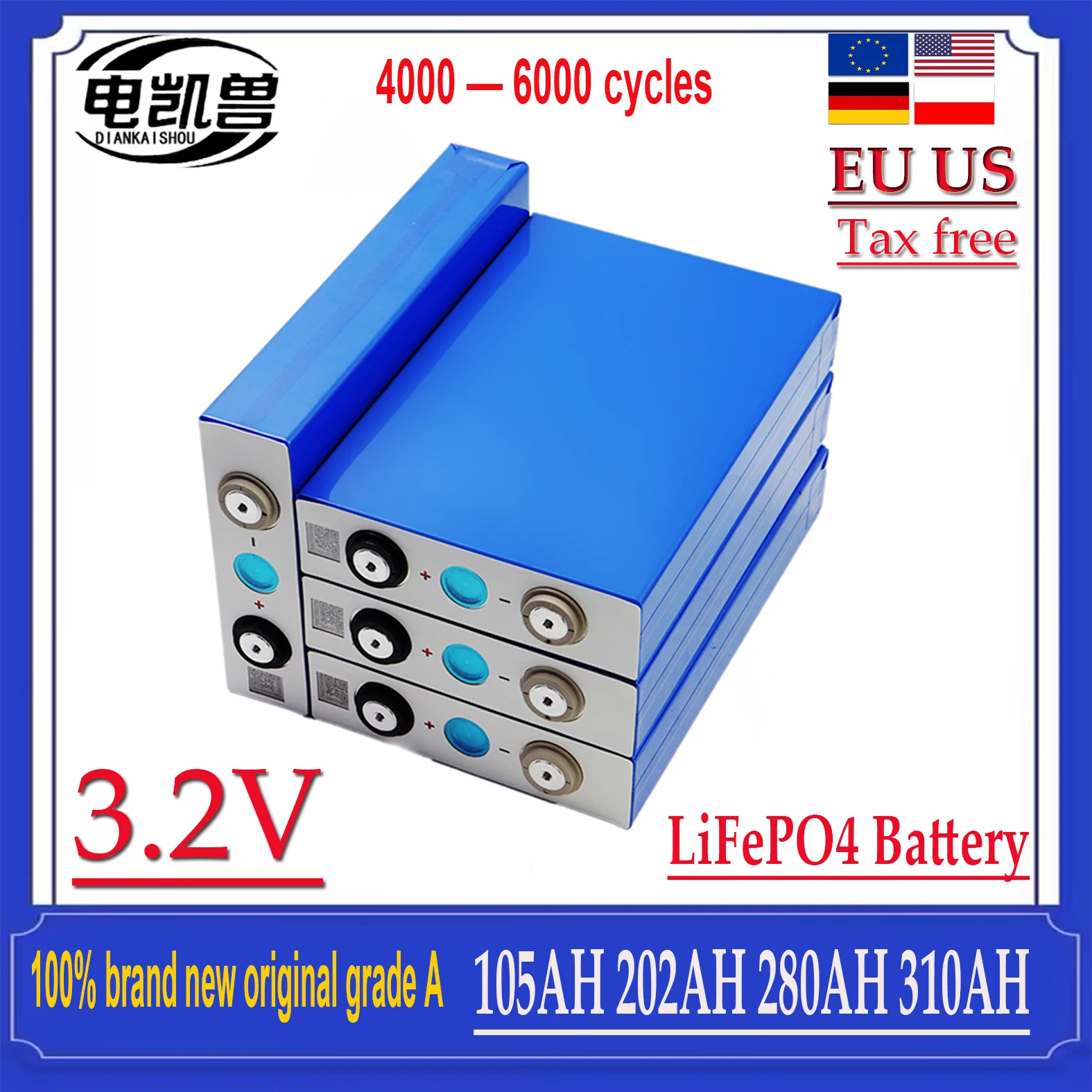 

New 3.2V 310Ah LiFePO4 Battery Cell 105Ah 202Ah 280Ah with QR Code Grade-A 6000+Cycles Full Capaticy LiFePO4 Battery with Screws