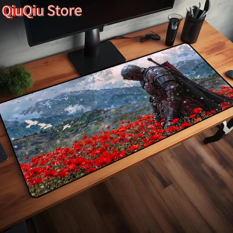 لوحة ماوس Epic Knight RGB - محارب القرون الوسطى في حقل الخشخاش، حصيرة مكتب ألعاب الخيال #1