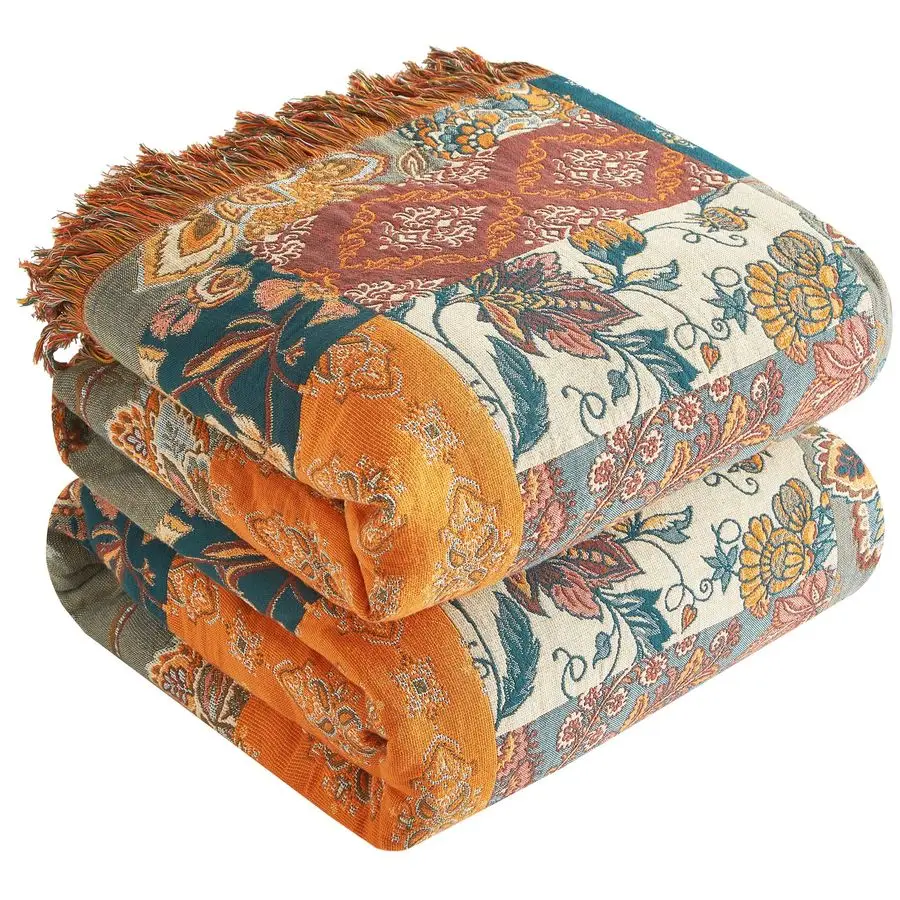

Throw Blanket for Bed 60x80, 100 Cotton Woven Blanket for Couch Sofa, Ultra Soft 4Layer Muslin Quilt with Patchwork Floral Print