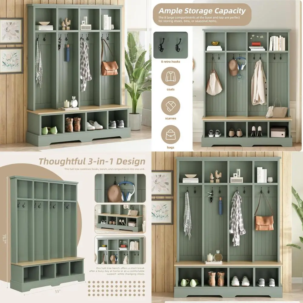 مقعد مدخل على طراز المزرعة مع مساحة تخزين للأحذية ورف معطف، شجرة 59 قاعة مع حل تخزين متعدد الأقسام