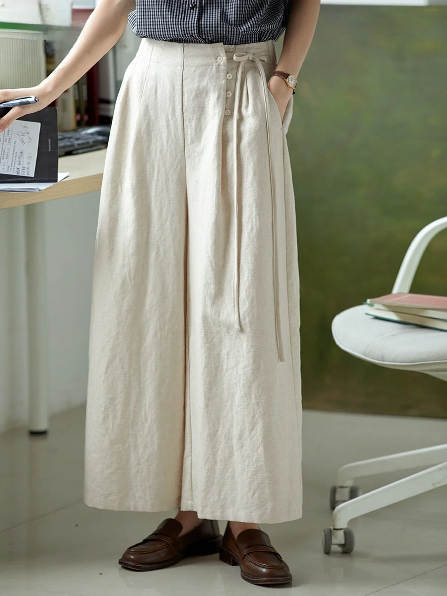 

Оригинальные хлопковые льняные брюки с широкими штанинами для женщин, летние, тонкие, свободные, прямые, повседневные, с высокой талией, с карманами, универсальные, простые, элегантные.