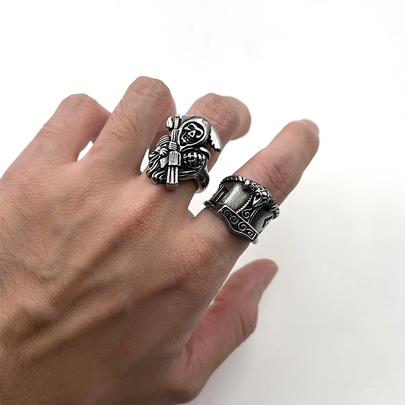 Vintage Domineering Death Retro Skull Stainless Steel Ring Men Gift Skeleton Jewelry Punk Metal Steel Color Wholesale Halloween