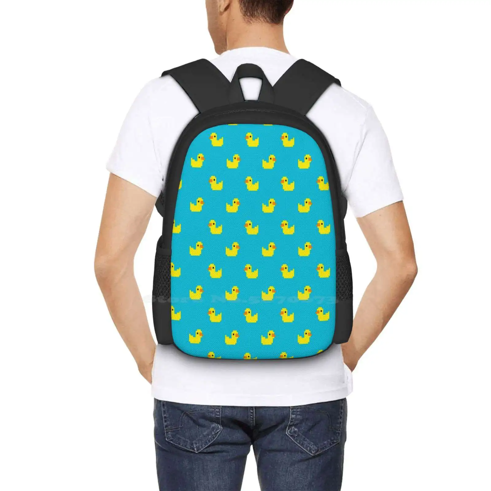 Ducks Backpack For Student School Laptop Travel Bag Ducks Pixel Art Pattern Yellow Blue 8 Bit