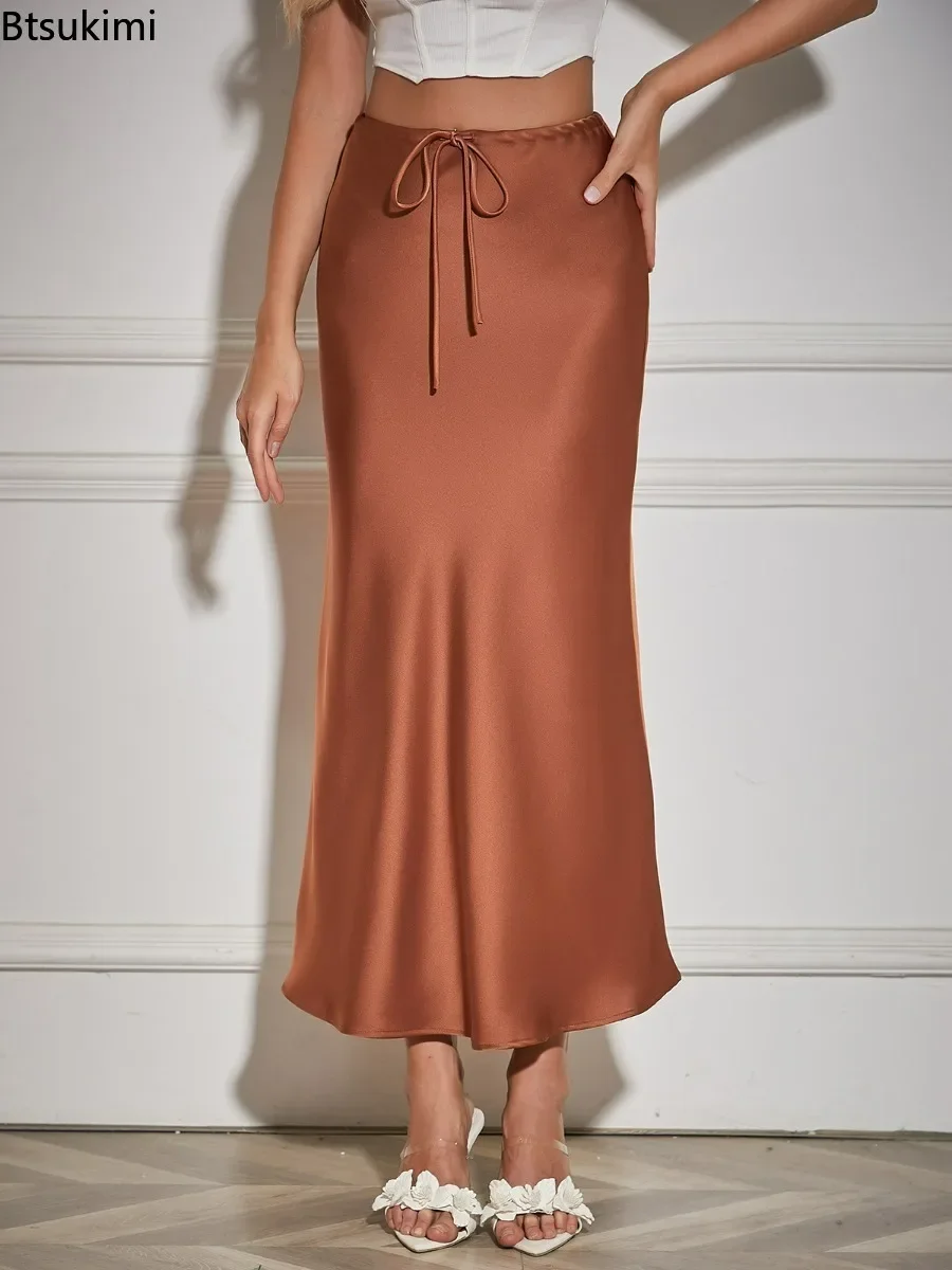 

New Women's Hip-covering Maxi Skirt Elegant Silky Satin High Waist Skirt for Women Solid Drawstring Lace-up A-line Casual Skirts