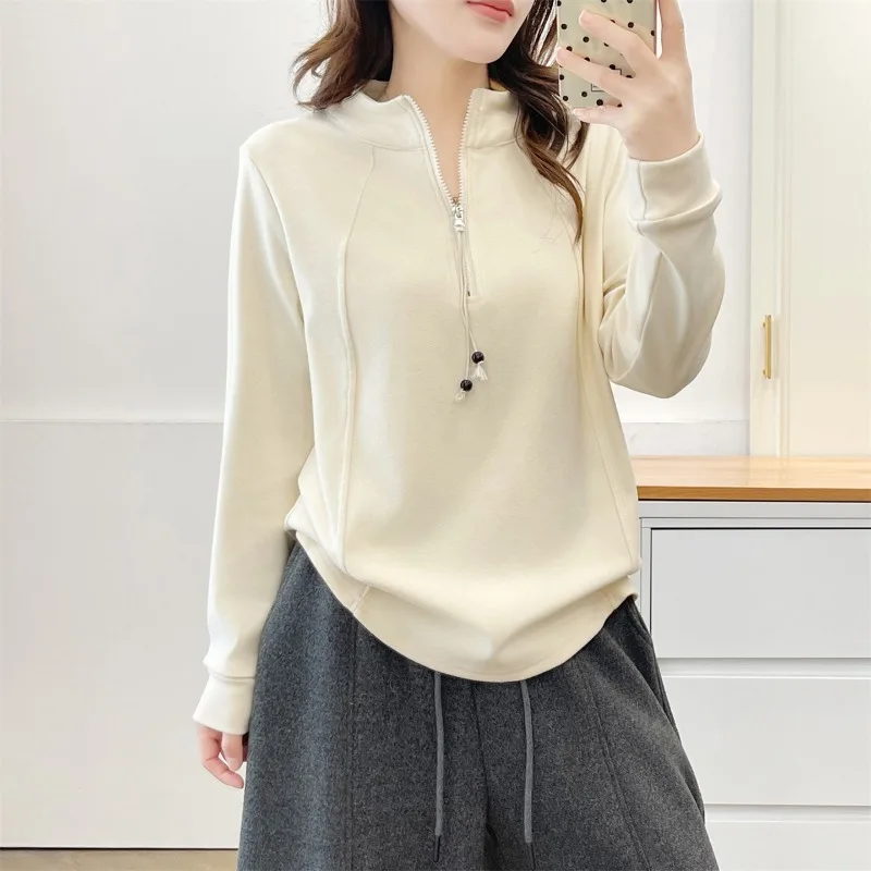 Women Half Zip Stand Collar Sweatshirt Fleece Lined Straight Shoulder Hide Belly Long Sleeve Top