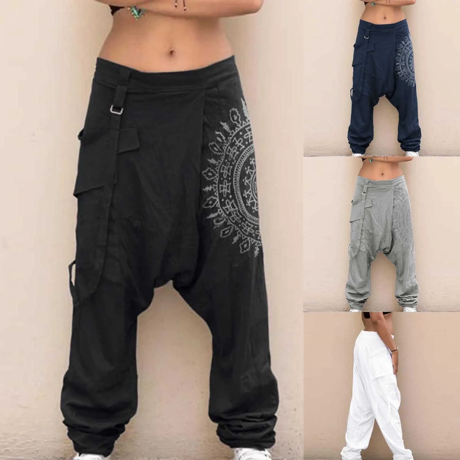 Casual Printed Pants Plus Size Polyester Wide Leg Fashion Elastic Waist Pockets Solid Color Harlan Men's Hip Hop Dancing Pants