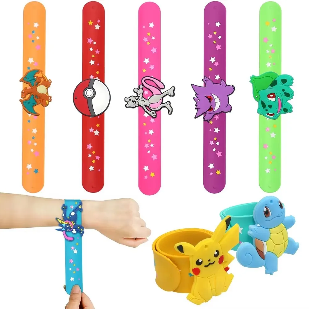 PVC Pokemon Slap Bracelet Kids Pikachu Birthday Decoration Anime Wristband Child Slap Band Puzzle Toy Boys Girls Birthday Party