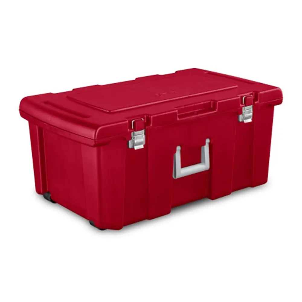 

Wheeled Footlocker, Plastic Utility Lockable Storage Container With Handle, Red