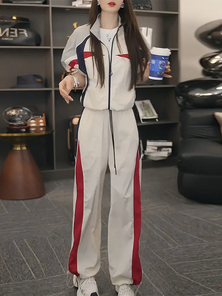 

Casual Sportswear Set Women's 2026 New Spring Autumn Loose Color Block Jacket Drawstring Wide Leg Pants Two Piece Set
