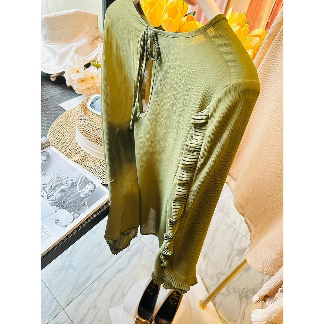 

Элегантная шифоновая блузка с длинным рукавом, 6 предметов, плиссированная, в стиле ранней весны, однотонная, прямого кроя