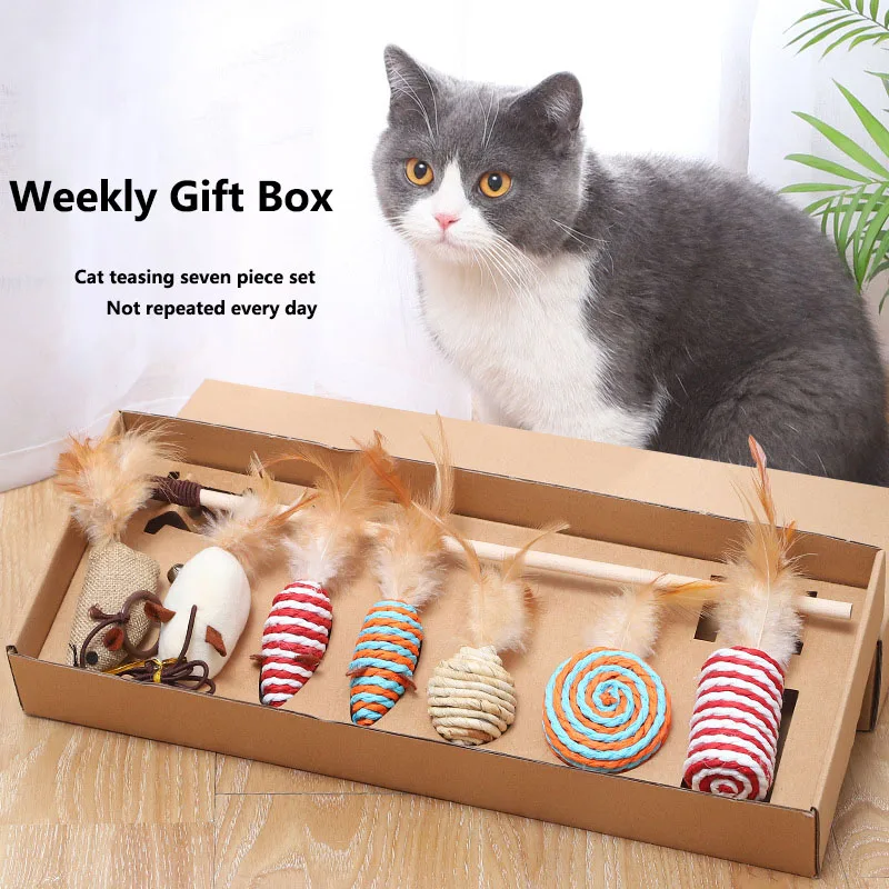 

Pet Cat Toy Teasing Stick 7-piece Gift Box Cat Toy Feather Bell Cat Teasing Rod Plush Mouse Teasing Toy Pet Interactive Toy
