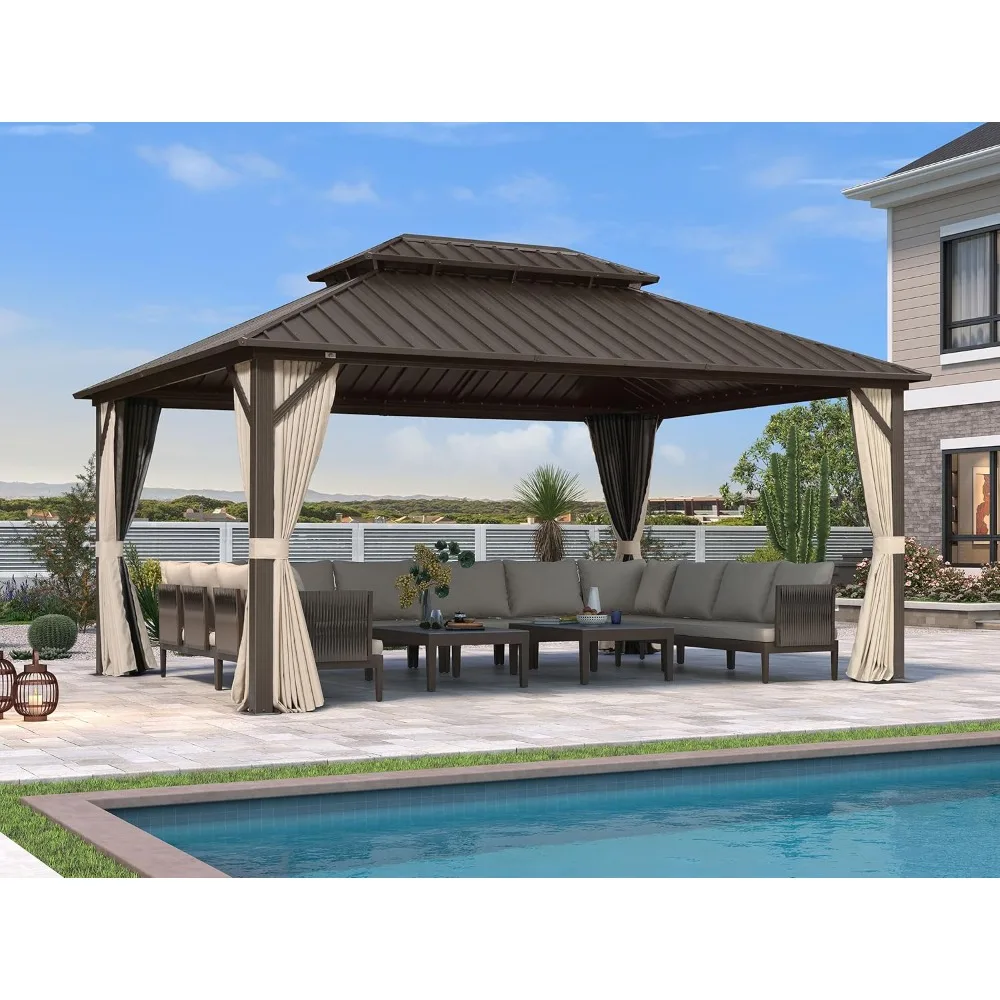 

Outdoor Hardtop Gazebo Metal Frame Galvanized Steel Double Roof with Curtains and Nettings for Patio Desk