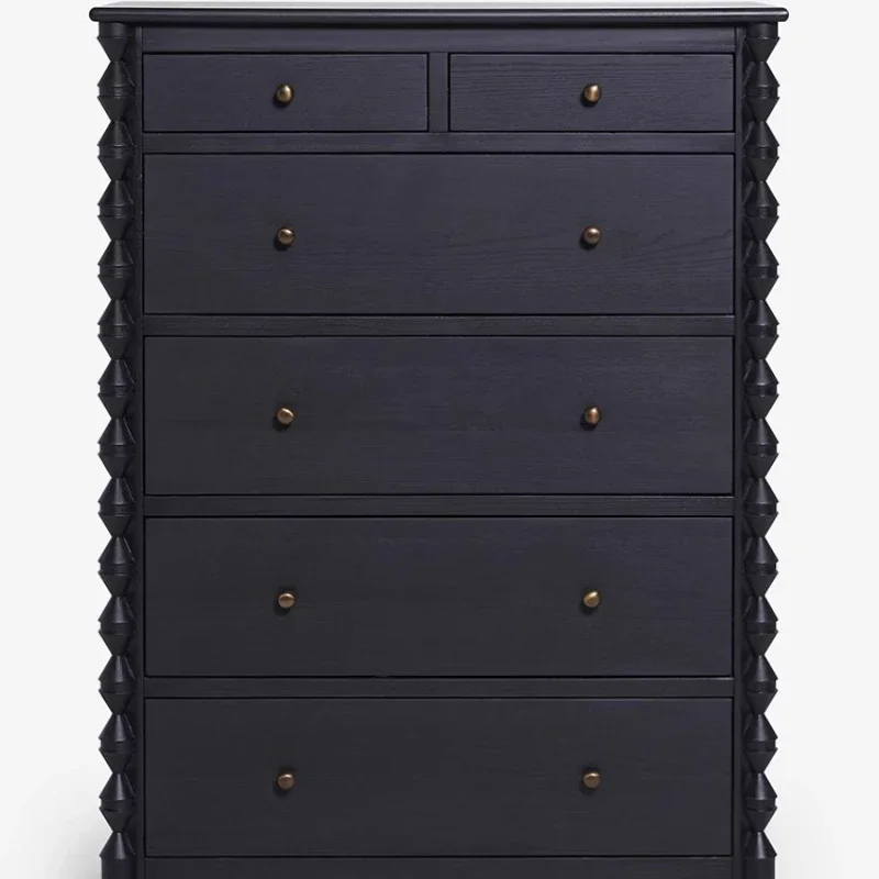 

French retro solid wood six-chest cabinet, small apartment household storage, medieval black bedroom bedside and bedside cabinet
