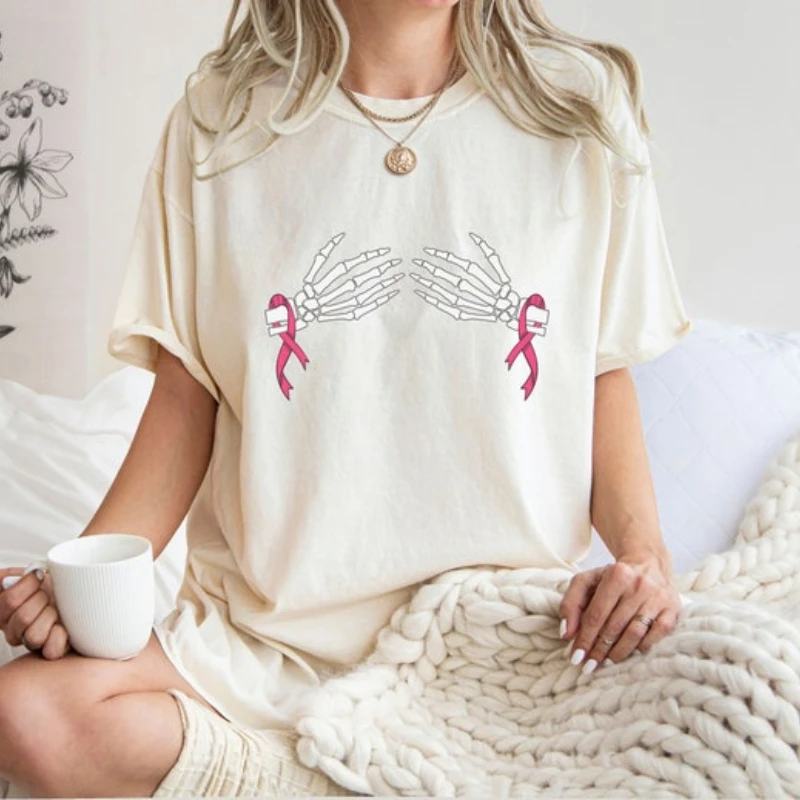 Skeleton Hands Pink Ribbon Breast Cancer Awareness Tee Anticancer Support T-Shirt Graphic T Shirts Y2k Clothes Cotton Tee Tops