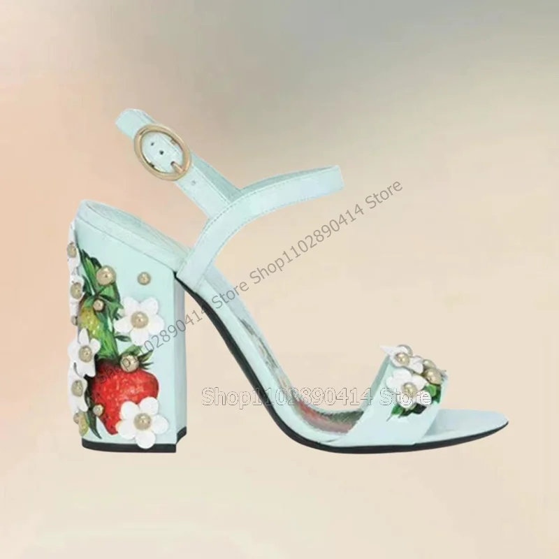 Floral Print Appliques Rivets Decor Open Toe Sandals Ankle Buckle Strap Women Shoes Chunky High Heels 2023 Zapatos Para Mujere