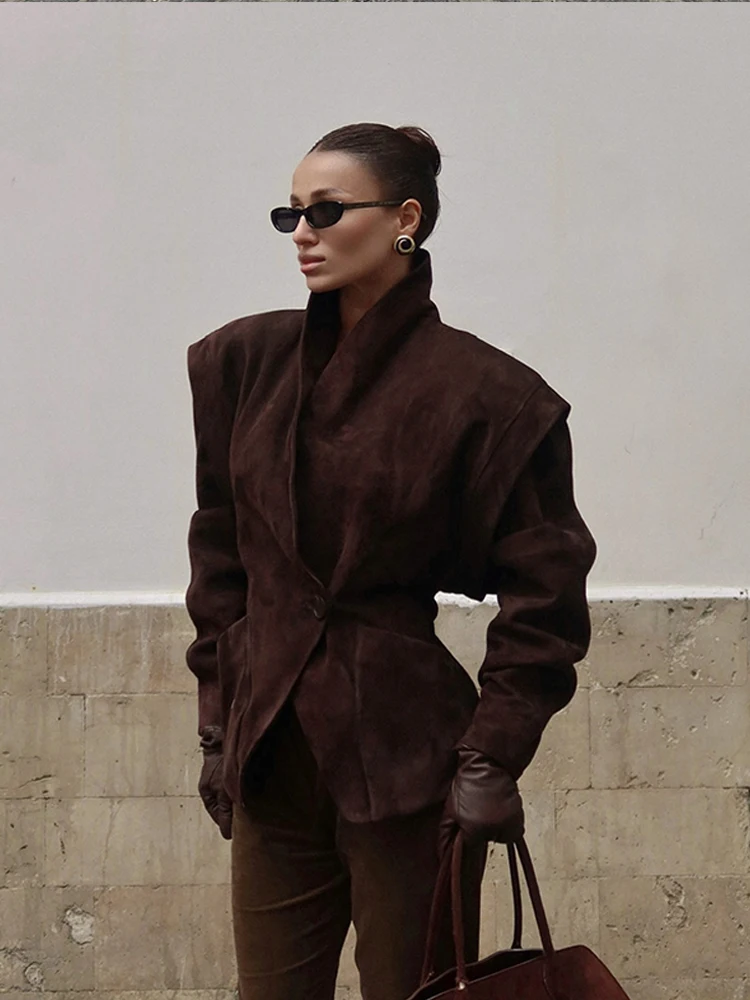 Women Fashion V-neck Lapel Belt Leather Jacket Chic Lace Up High Waist Full Sleeve Overcoat 2025 Lady Autumn High Street Outwear