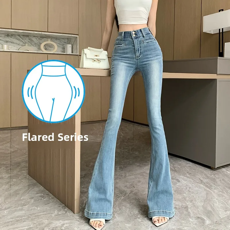 

American Style High Waist Elastic Pocket Denim Long Pants Spring Summer New Arrival Slim Fit Micro Flared Jeans Ladies Casual...