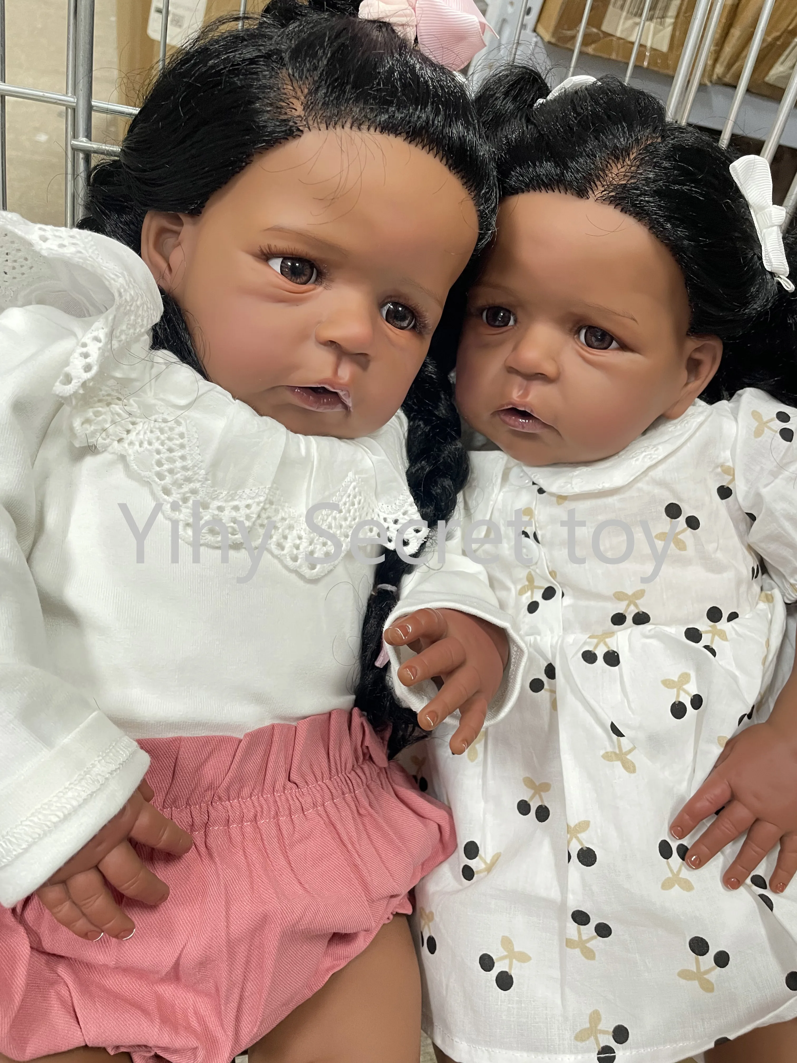 Dark Skin Lifelike Newborn Reborn Sandie Doll 24inch Soft Cloth Body Multiple Layers Painting With Hand Root Long Curly Hair