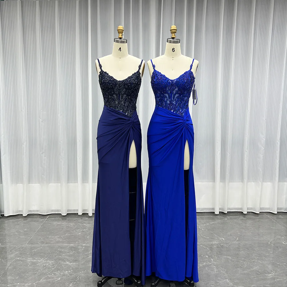 

YQLNNE 01, сексуальное темно-синее длинное платье для выпускного вечера с разрезом, спагетти, вышитое бисером, вечернее платье русалки