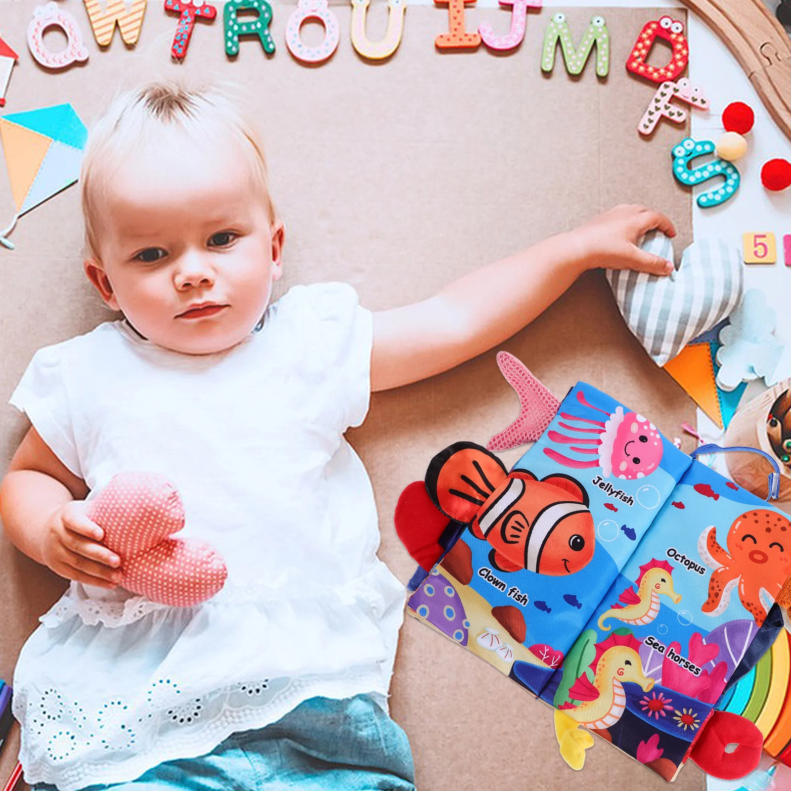 كتاب قماش مجعد للأطفال، موضوع المحيط، نسيج ناعم، تصميم ذيل ثلاثي الأبعاد، نشاط الرضع، كتاب حمام لحديثي الولادة في وقت مبكر