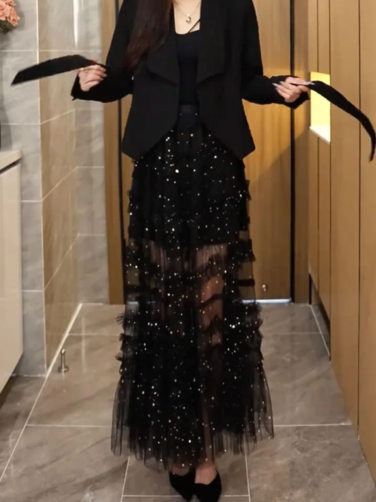 

Юбка-полусолнце из тюля с высокой талией, драпировкой и эффектом драпировки, новая весенняя коллекция, элегантная, женственная, свободная, на резинке, для полных женщин