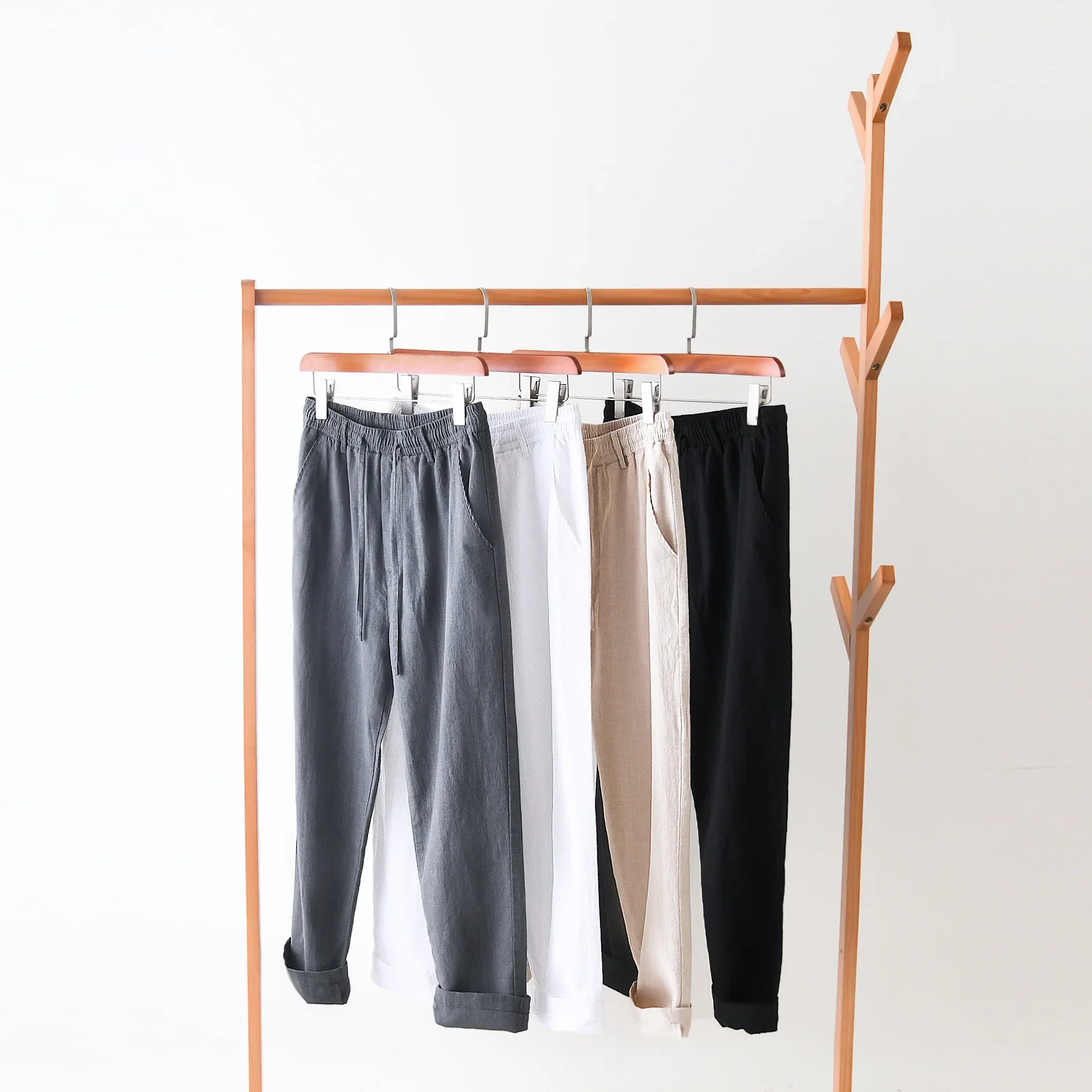 

Spring Summer Cotton Linen Pants Men Beach Breathable Men's Pants Solid Elastic Waist Drawstring Pants Daily Casual Baggy Pants