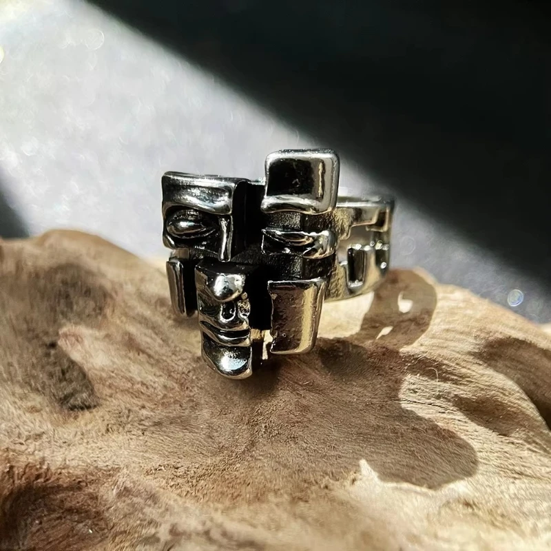 Retro Abstract Falling Apart Face Ring for Men Women Silver Color Punk Gothic Open Ring Designer Jewelry Accessories Art Gift