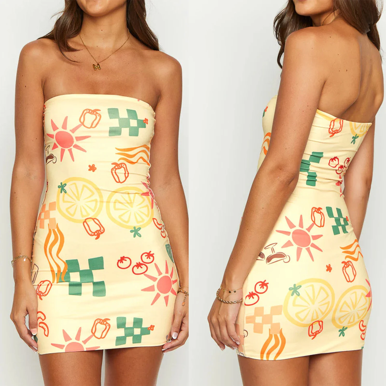 Combhasaki-Vestido corto ajustado sin tirantes para mujer, minivestido Sexy con estampado de árbol, sol, fruta, sin mangas