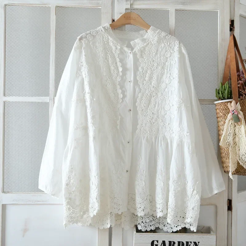 100% Cotton Linen Female Victorian Edwardian Rococo Luxury Floral Embroidery Lace Shirt Women Aesthetic Cottage Big Size Blouse