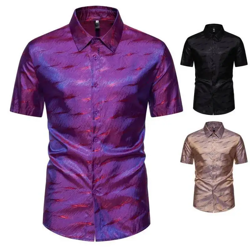 

Men's European Summer Shirt New Line Ripple Print Fashionable Bright Face Nightclub Men's Short Sleeve Shirt