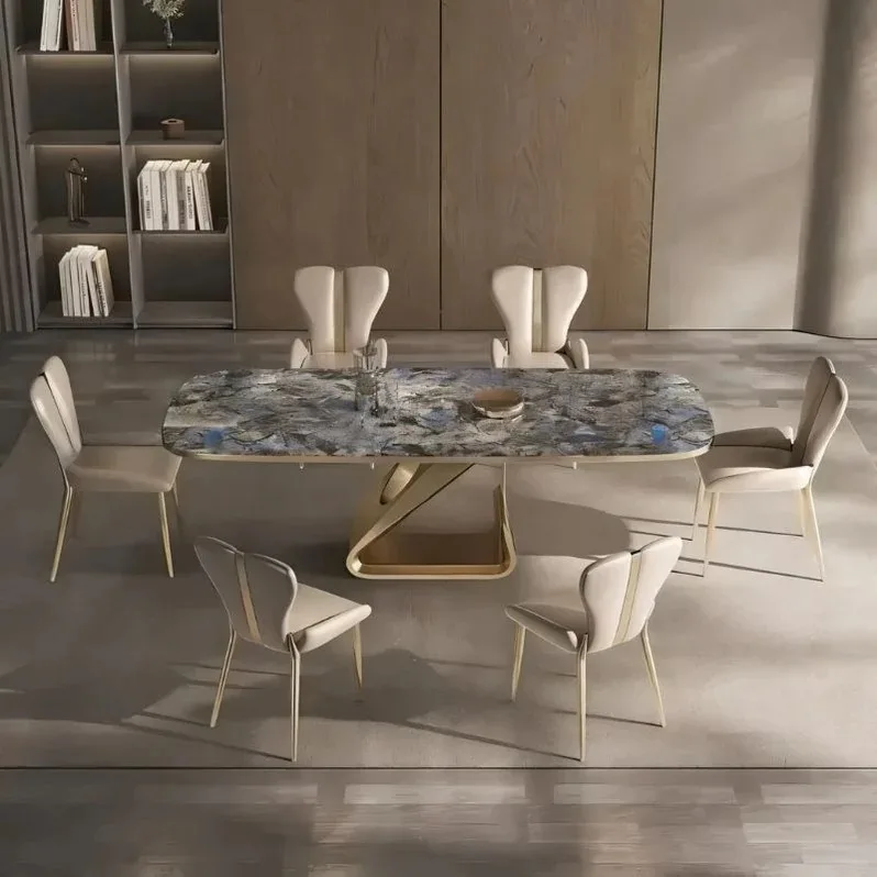 Rectangle Dining Table and Chairs Marble Dining Tables Set Italian Style Dining Room Table Luxury Modern Golden Steel Frame